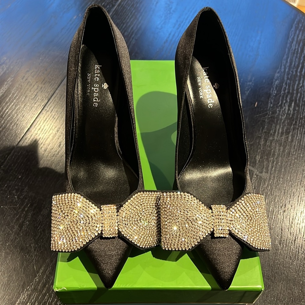 KATE SPADE crystal bow tie black satin Viena heels pumps rhinestone